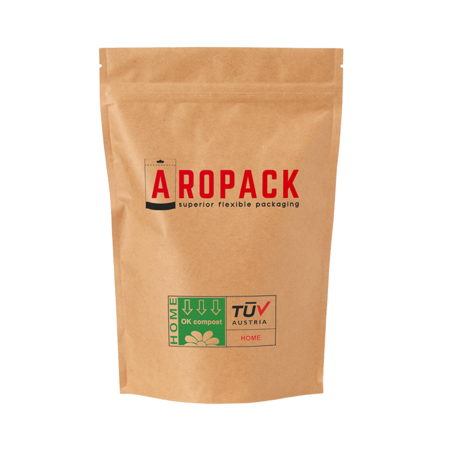Aropack compostable stand-up pouch with TÜV Austria certification—ideal for sustainable and eco-friendly packaging.